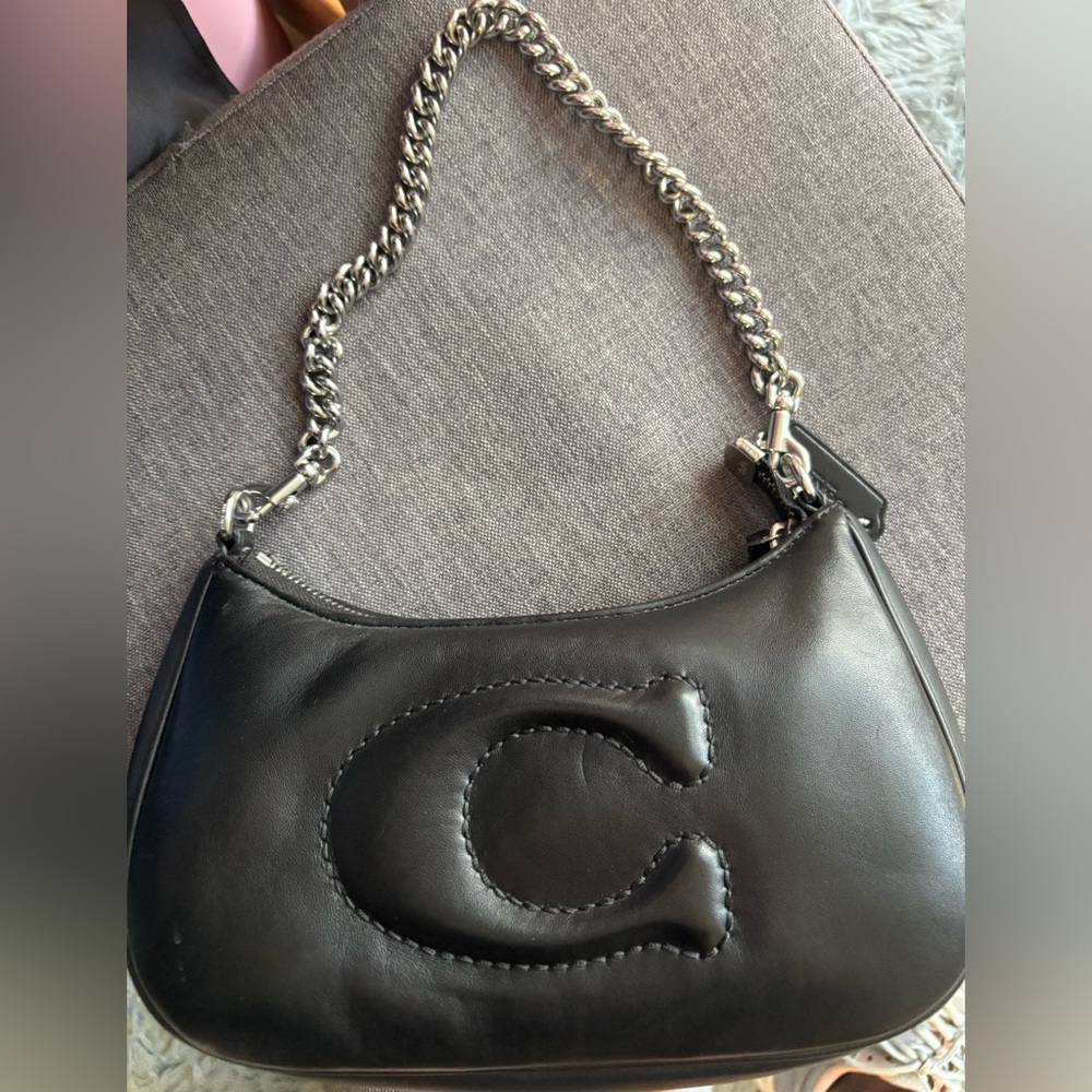Coach Black Leather Shoulder Bag with Silver Chain